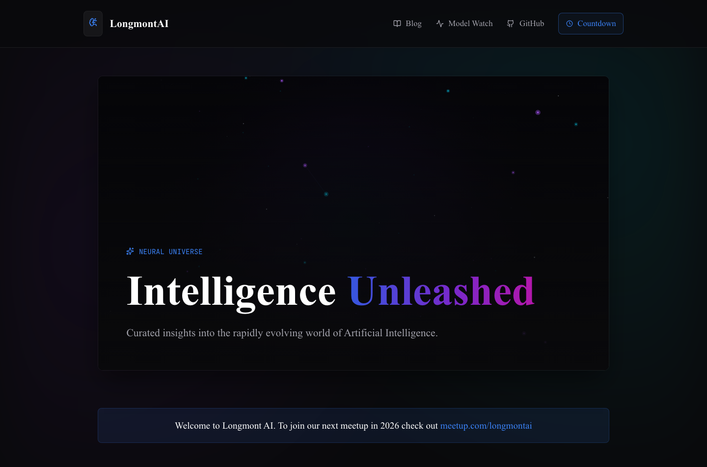 Longmont AI homepage with its Intelligence Unleashed hero and meetup callout